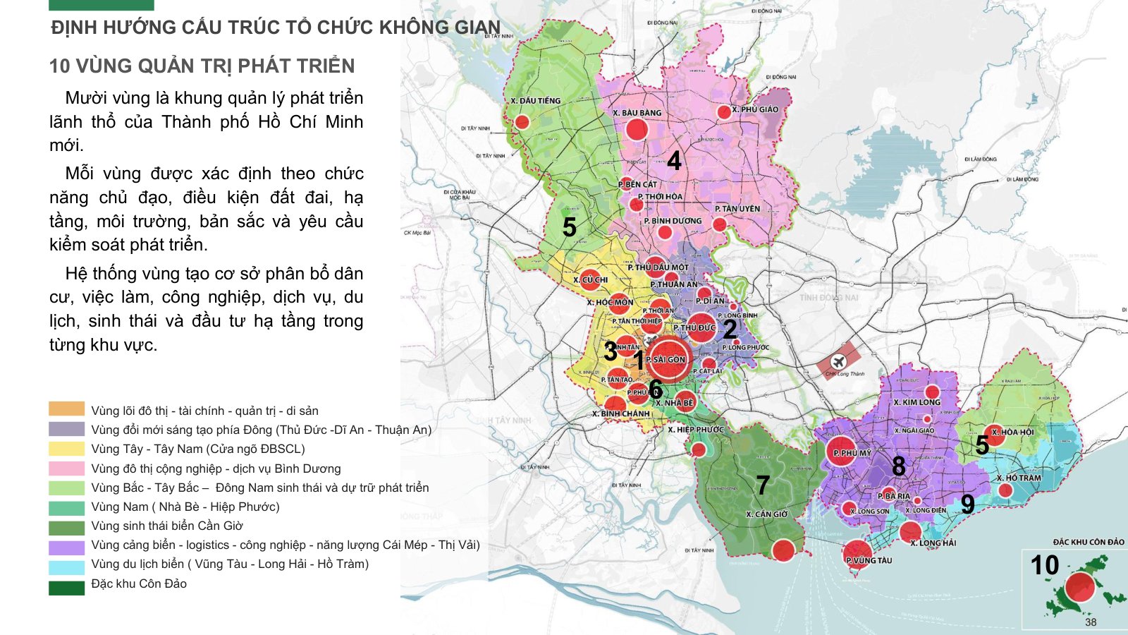 Bản đồ 10 vùng quản trị phát triển TP.HCM với vùng lõi đô thị – tài chính ở trung tâm